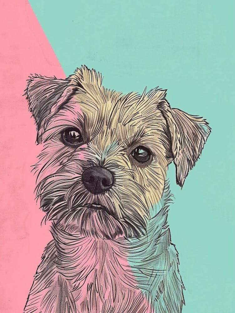Border Terrier Dog Pastel Line Watercolour Illustration  4