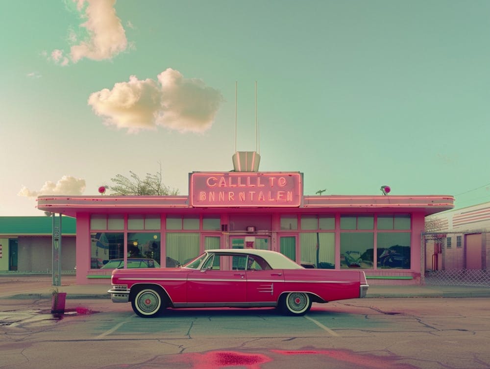 Exterior Of An American Diner By Wes Anderson In Wes Anderson Colours With A Cadillac Parked In Front