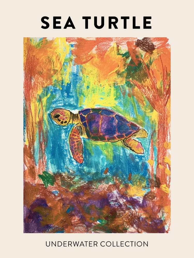 Sea Turtle Underwater Pencil Scribble Poster 1