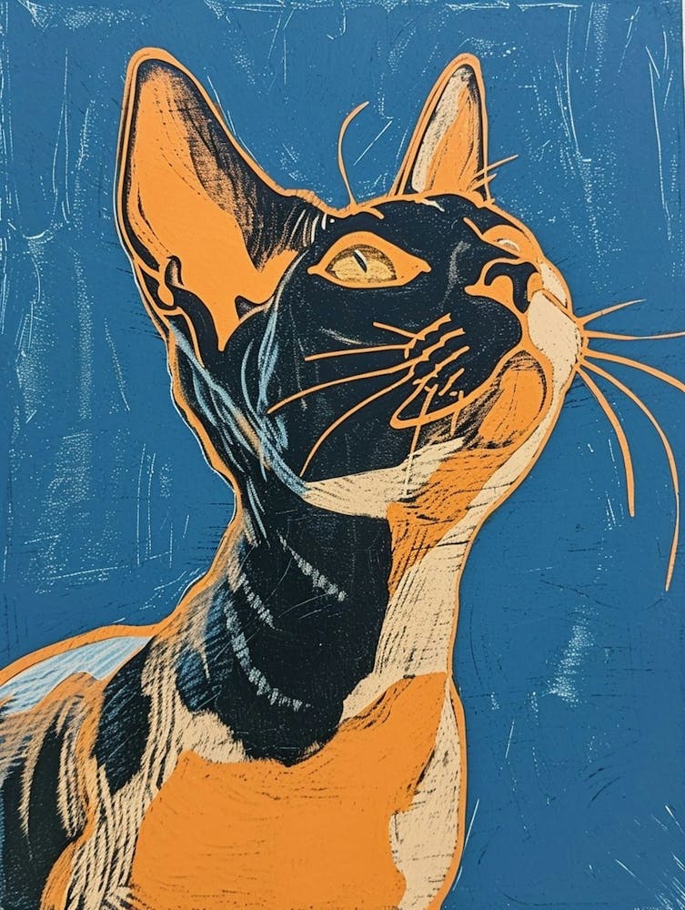 Devon Rex Linocut Blockprint 2
