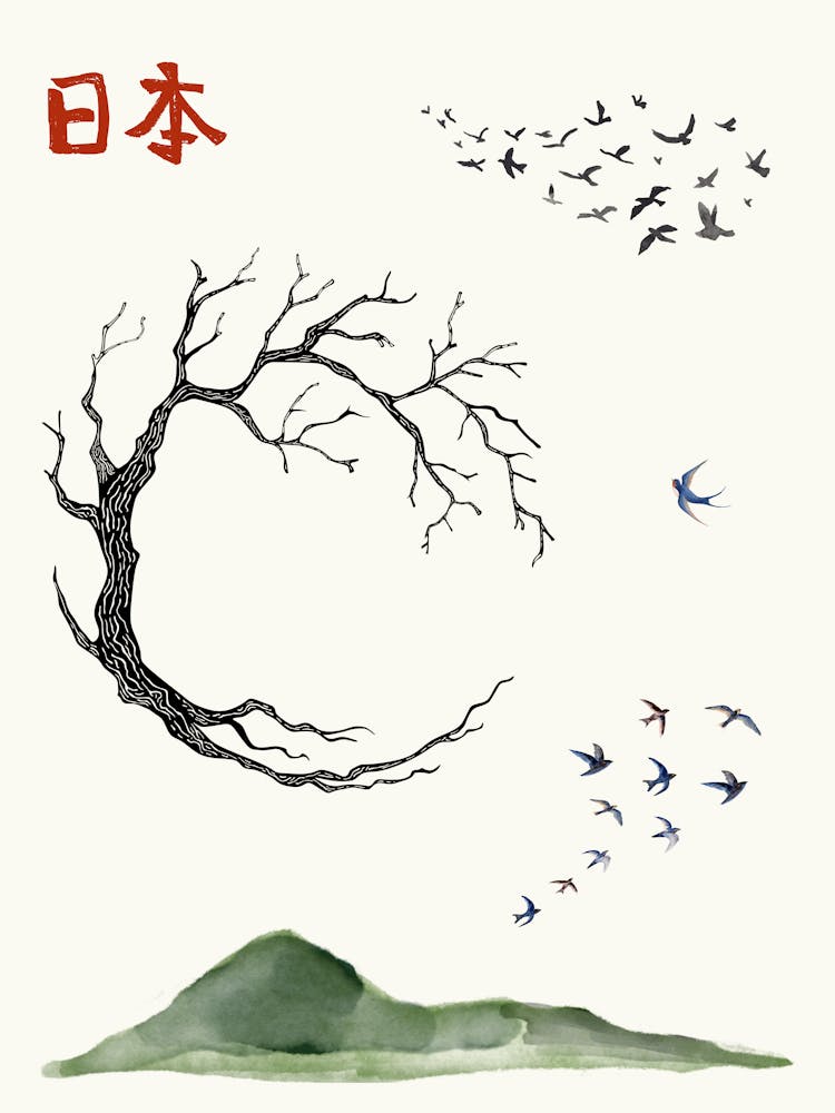 Mid Century Modern Japanese Art Watercolor Painting With Birds Mountains and Trees Japanese Writing