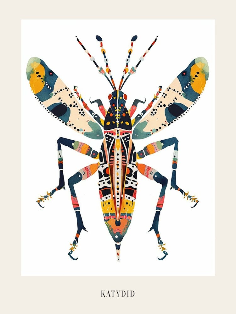 Colourful Insect Illustration Katydid 11 Poster