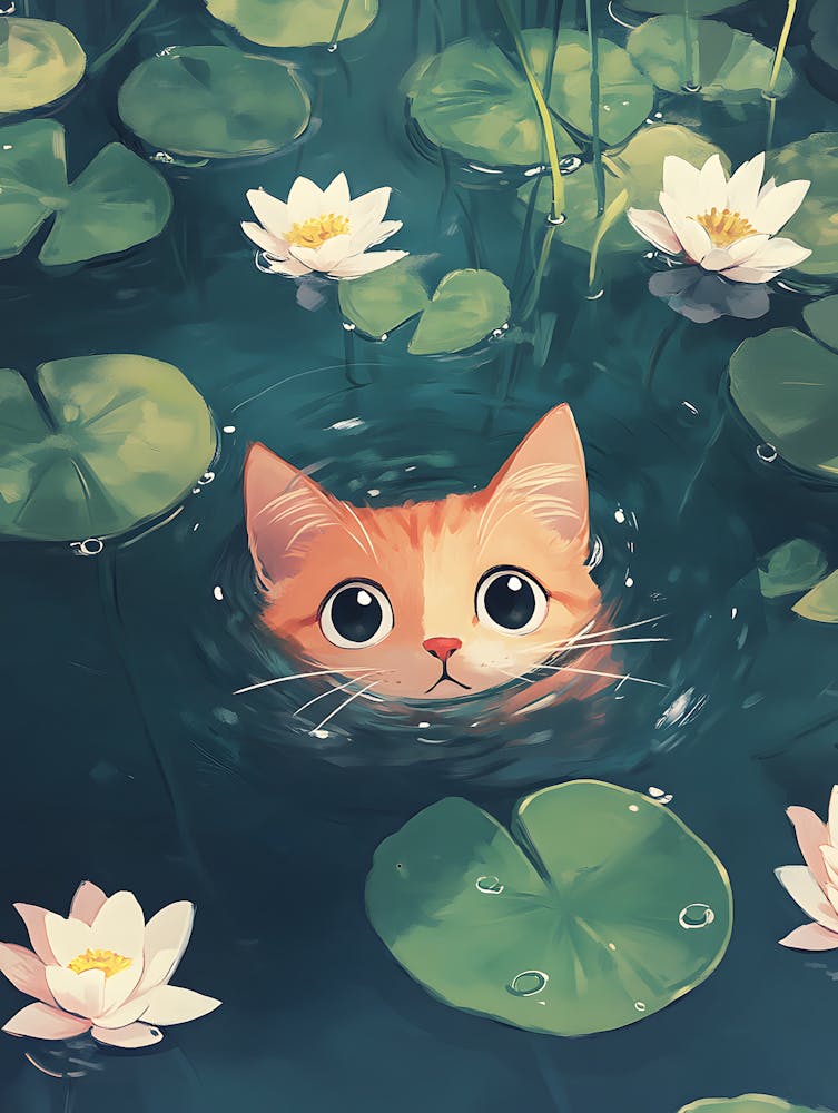 Cute Cat Swimming Among Water Lilies 10