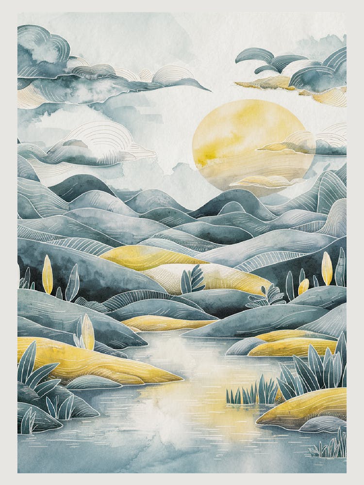 Ruhige Aquarell-Landschaftsdarstellung mit traumhafter Atmosphäre 3