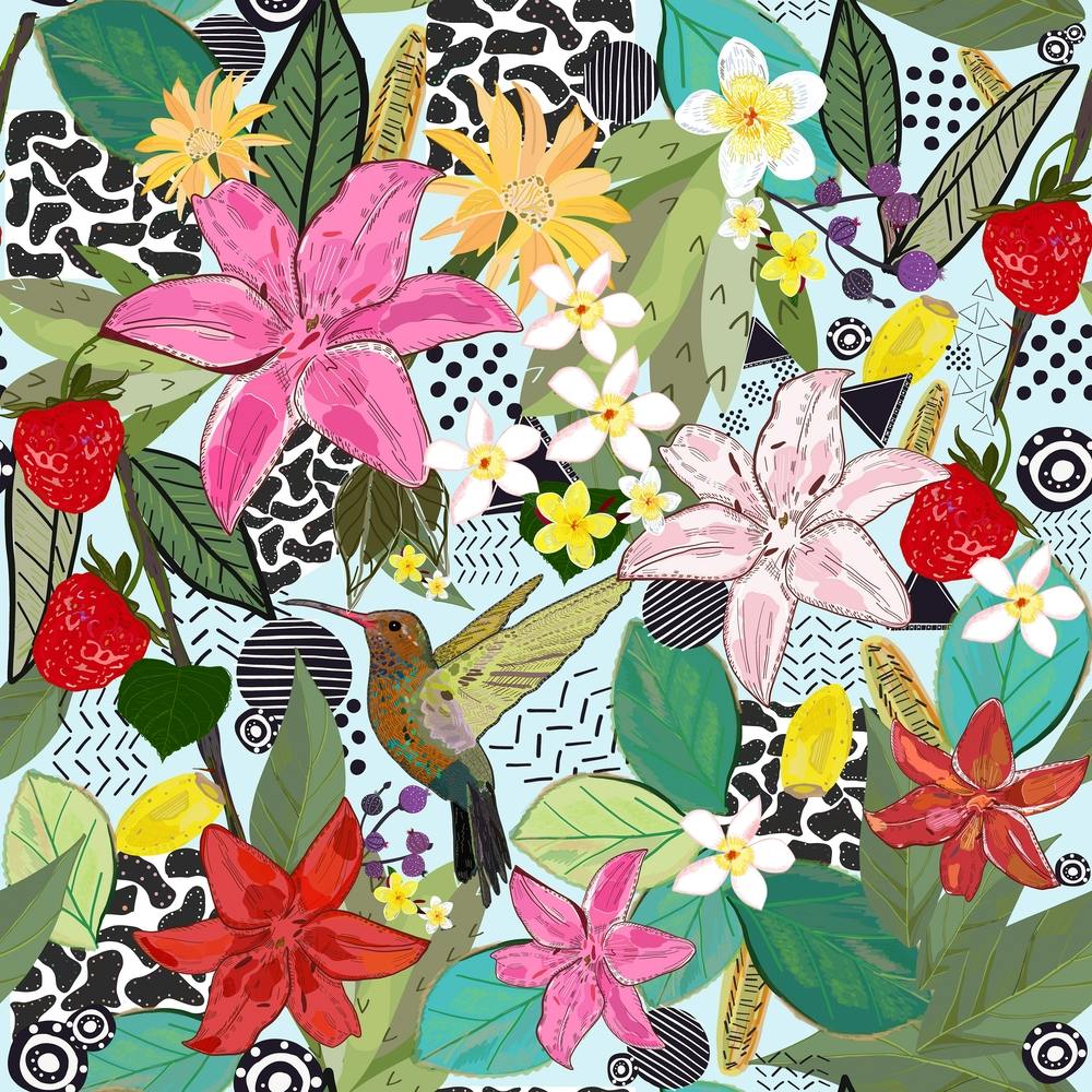 Tropical Pattern With Humming Bird, Strawberry And Colorful Lily Floral Pattern Square