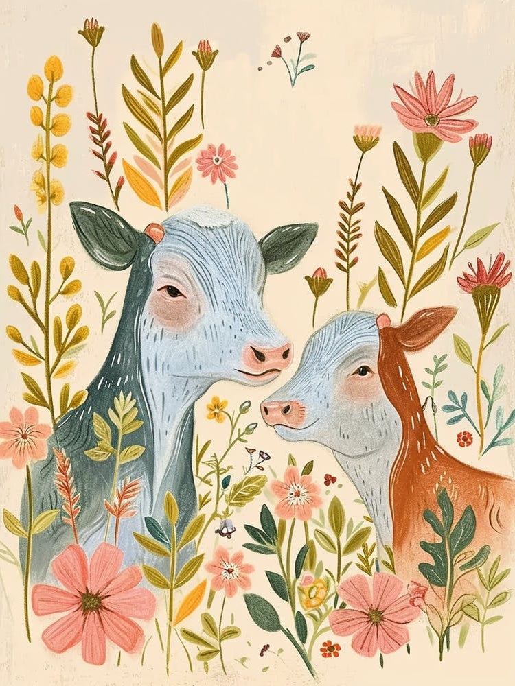 Folksy Floral Animal Drawing Cow 5