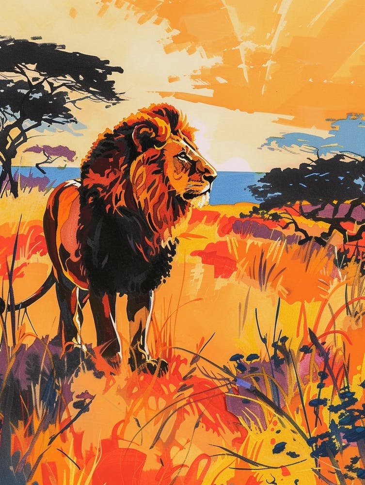 Southwest African Lion Hunting In The Savannah Fauvist Painting 1