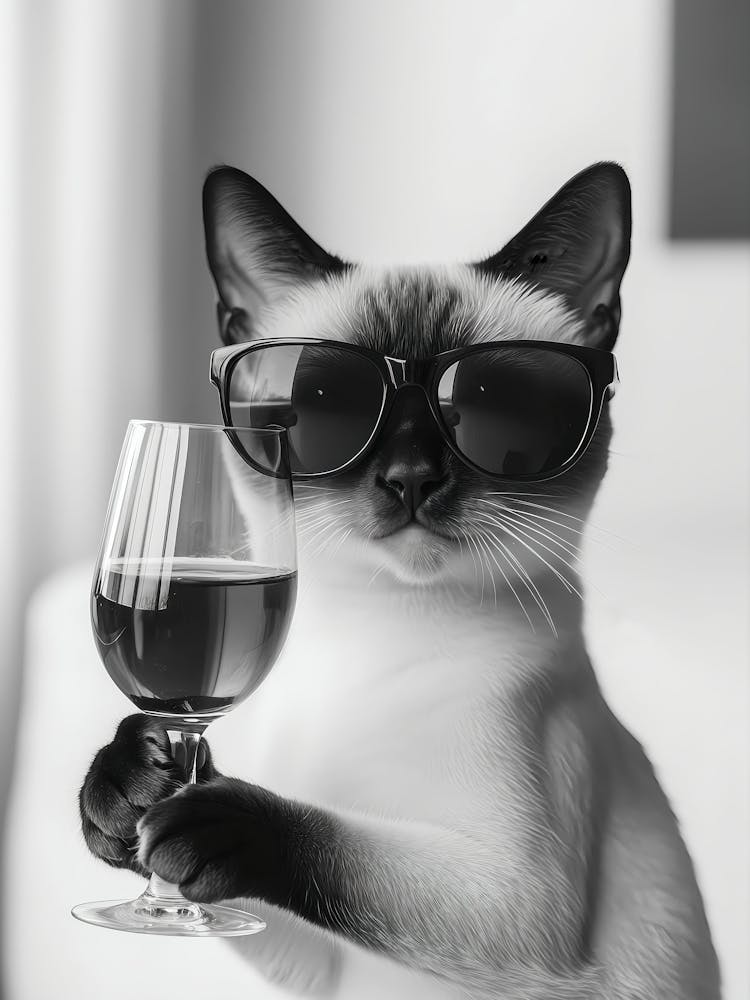 Siamese Cat Drinking Wine Wall Art, Black And White Print, Bar Cart Print, Cat Owner Gift, Funny Cat Poster, Bar Decor, Kitchen Decor
