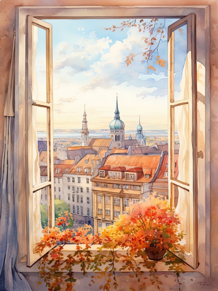 Window View Of Munich Germany In Autumn Fall, Watercolour 4
