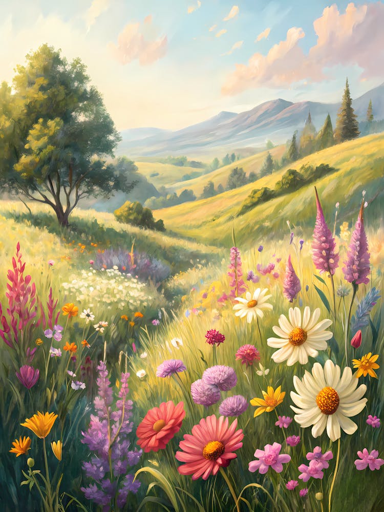 A Vibrant Meadow with Colorful Flowers Oil Painting Style
