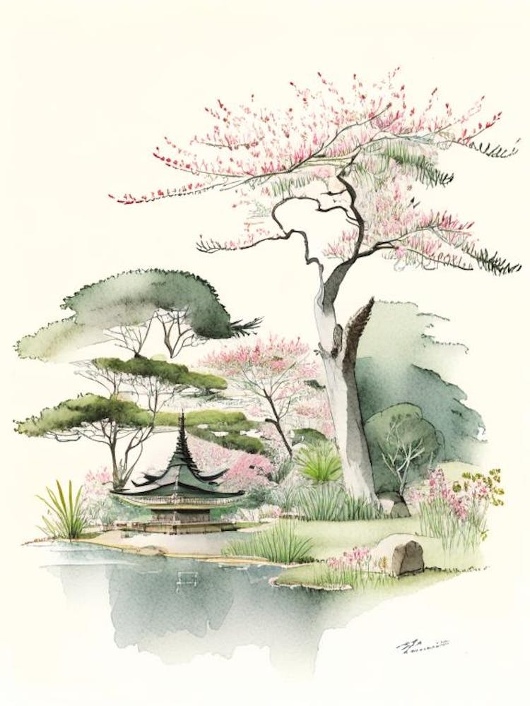 Nara Park, Japan Vintage Pencil Drawing