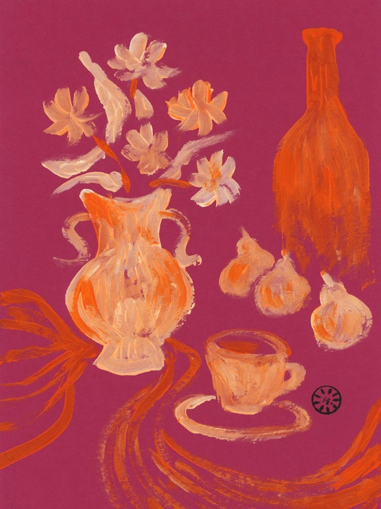 Flowers On Mauve - red orange beige vertical hand painted still life kitchen art bottle fruits