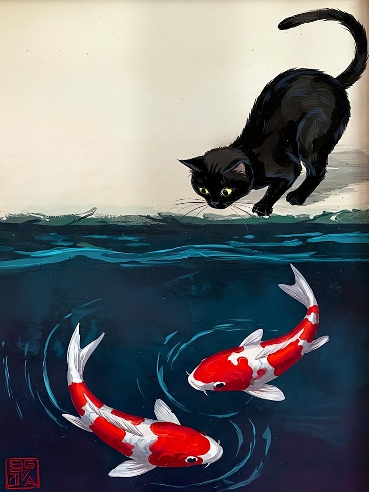 Red Koi Fish And Cat Print, Funny Japanese, Japandi Wall Art, Japanese Cat Bathroom Decor, Minimalism Cat Poster, Cat Lovers Gift