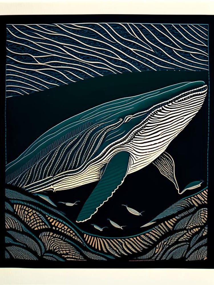 Deep Ocean Whale Linocut