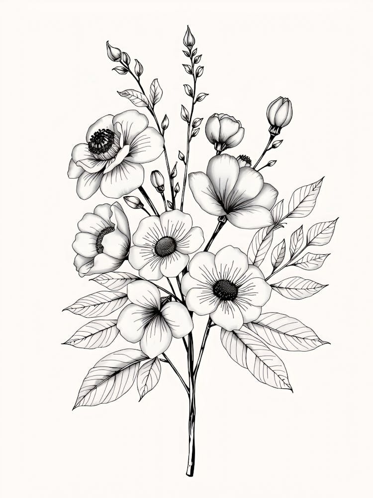 Black And White Drawing Of Flowers 1