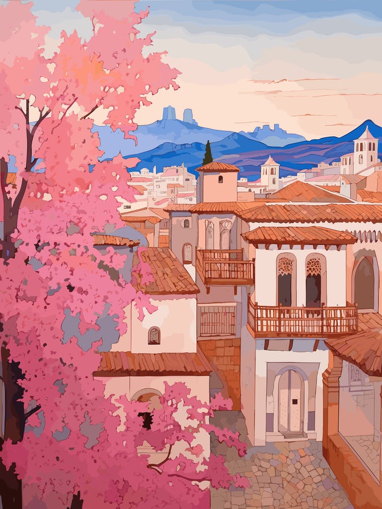 Granada Spain 6 Vintage Pink Travel Illustration