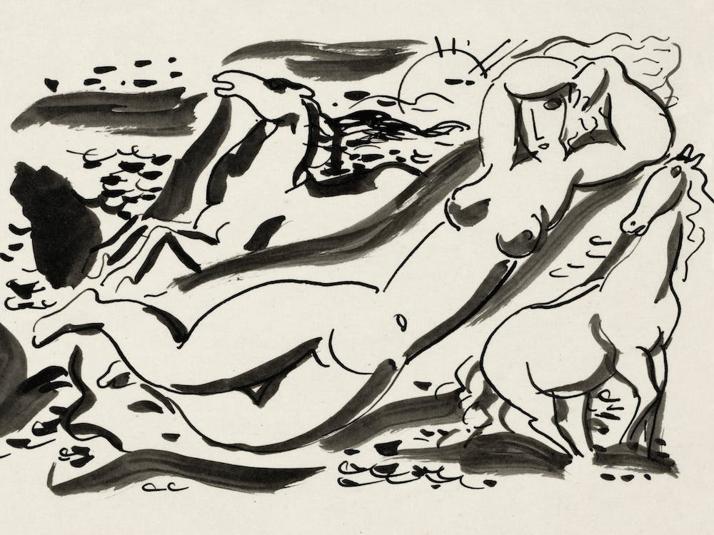 Naked Woman And Two Horses In The Sea, Leo Gestel