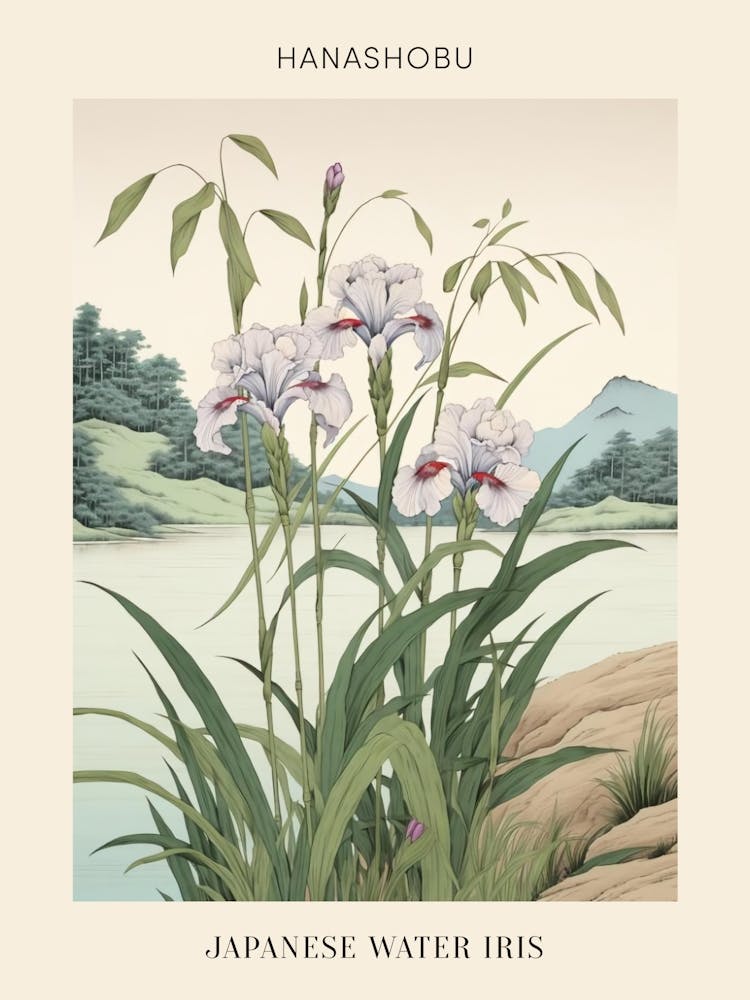 Hanashobu Japanese Water Iris 2 Vinatge Japanese Botanical Poster