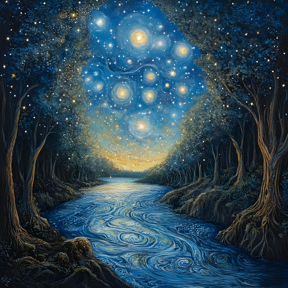 Celestial River Dreams – Starry Night Forest Landscape Wall Art With Flowing Stream
