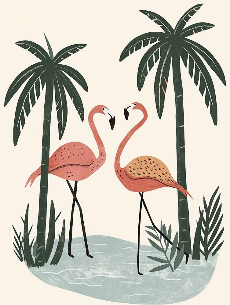Andean Flamingo And Coconut Trees Minimalist Illustration 1