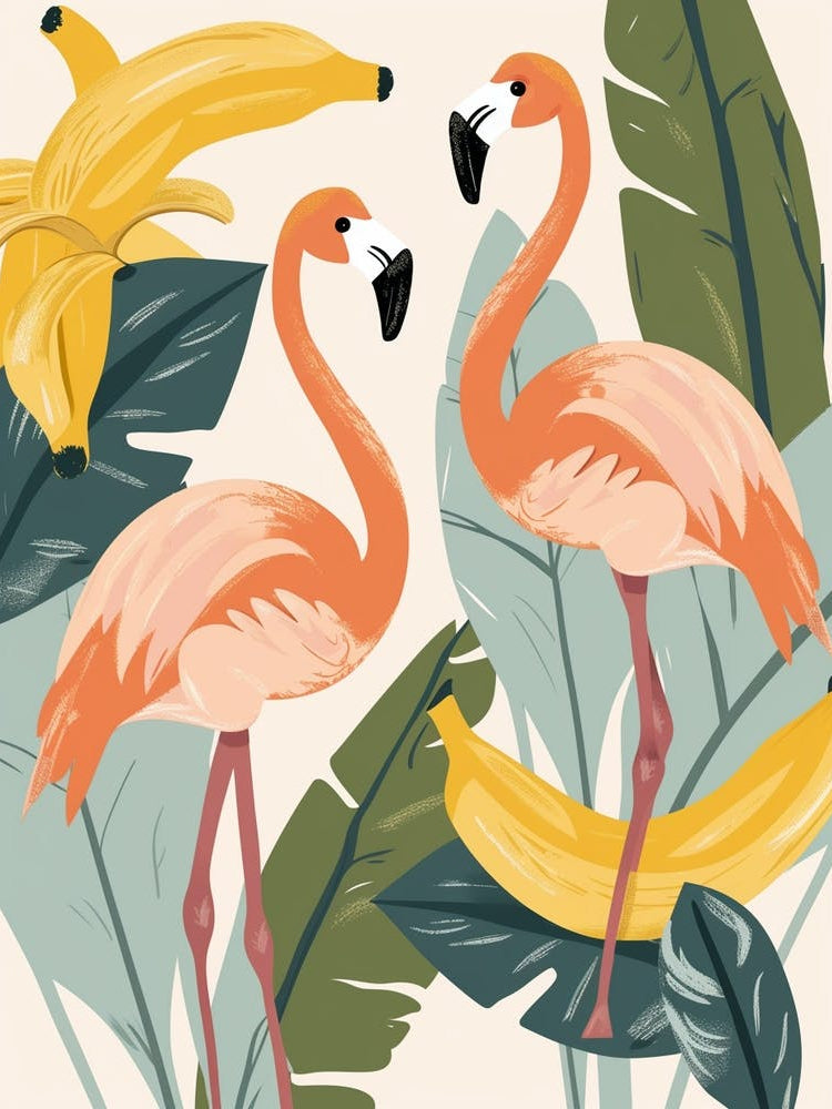 Lesser Flamingo And Banana Plants Minimalist Illustration 3