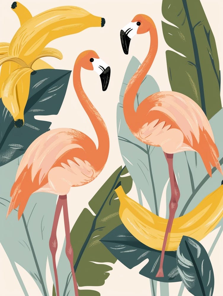 Lesser Flamingo And Banana Plants Minimalist Illustration 3