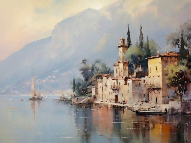Vintage Country Painting, French Lake Landscape Print, Rustic Village Art Oil Painting, Vintage City Print, Digital Download, Printable
