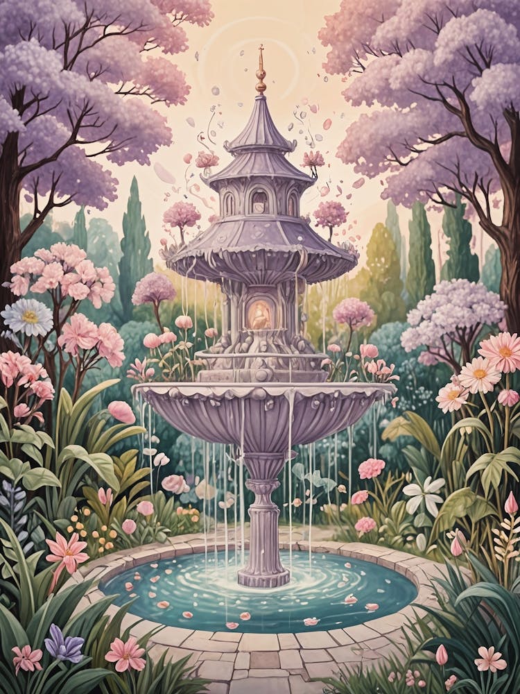 Lavender Fountain In The Garden