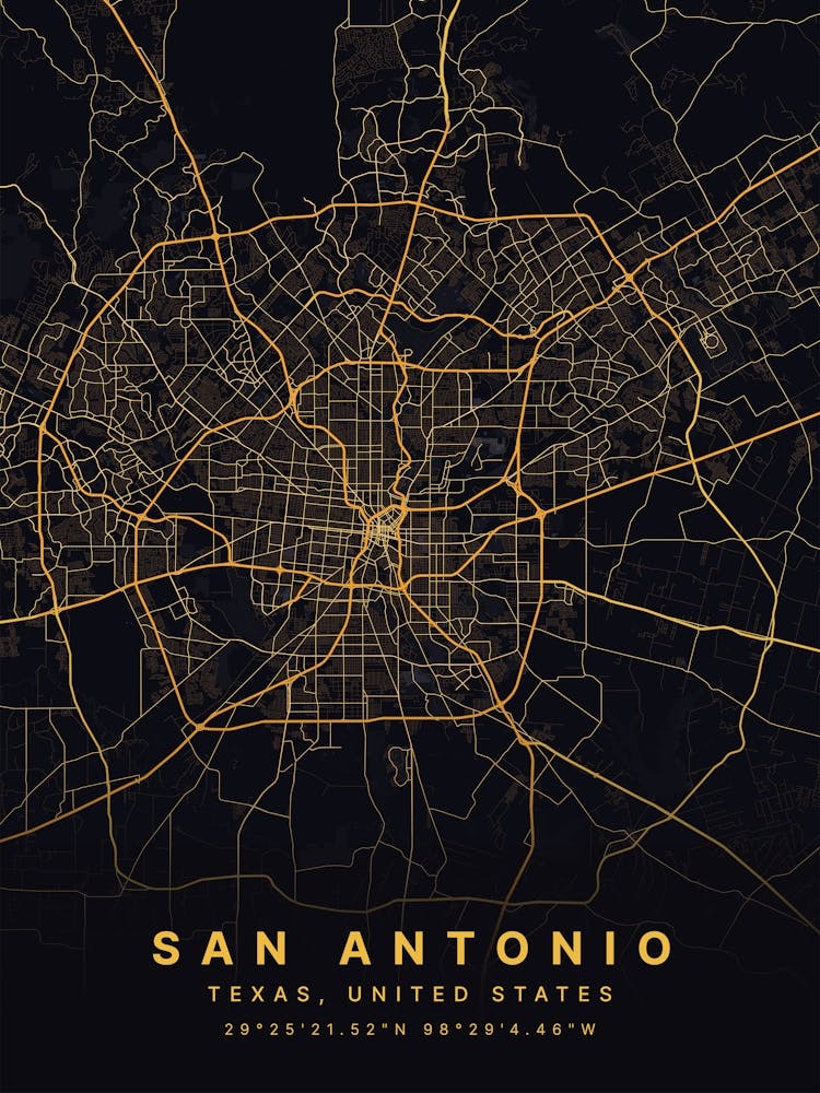 San Antonio Texas USA Black And Gold Map