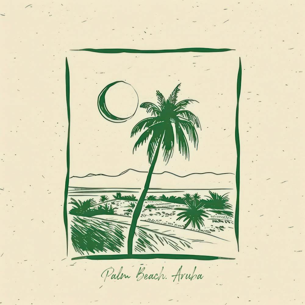 Palm Beach, Aruba Green Line Art Illustration