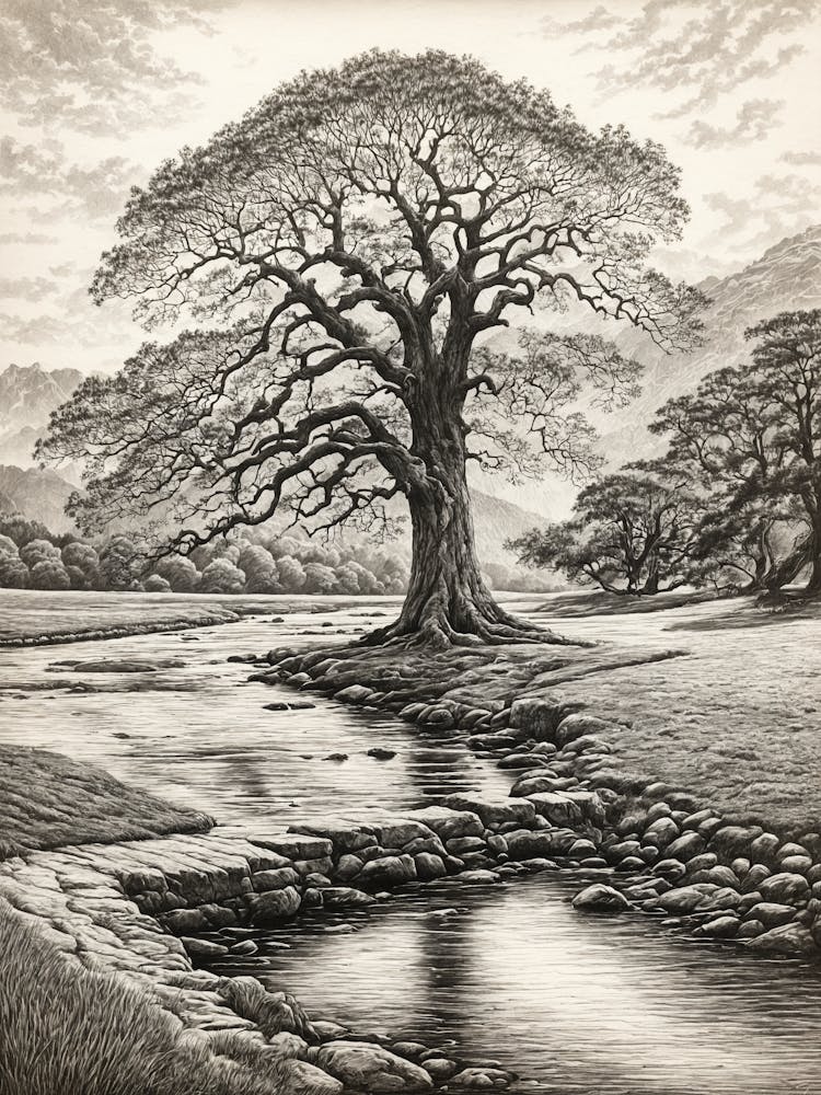 highly detailed pencil sketch of oak tree next to stream, mountain background 10