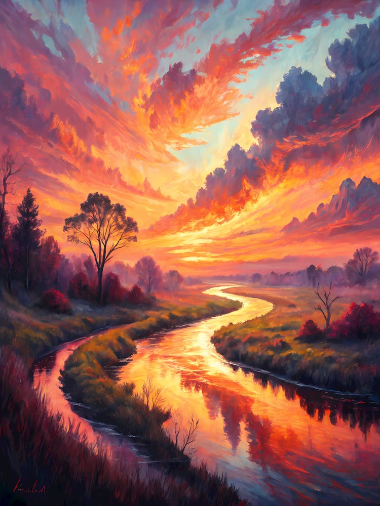 A Colorful, Dreamlike Sunset Reflecting on a River Oil Painting Style