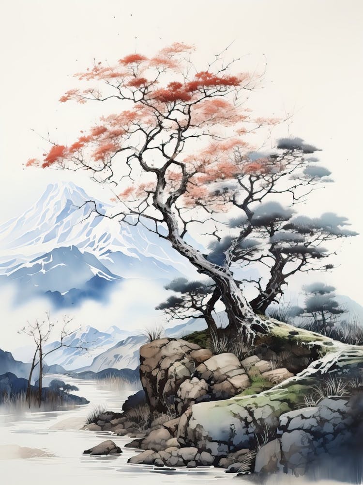 Mount Gassan In Yamagata, Japanese Brush Painting, Ukiyo E, Minimal 2