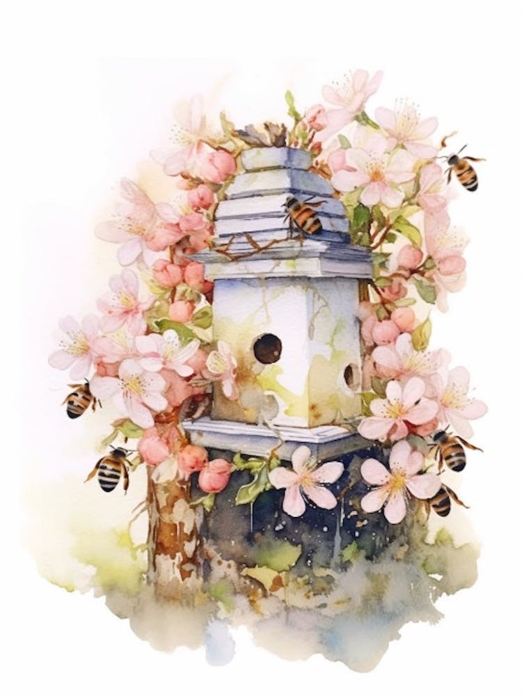 Beehive With Apple Blossom Watercolour Illustration 1