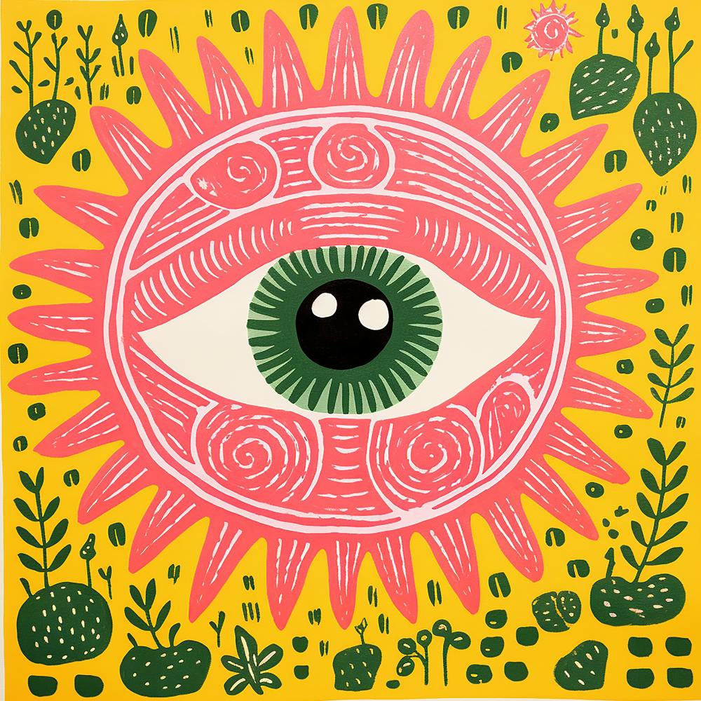 Risograph Style Vibrant Modern Sun With Eye Print