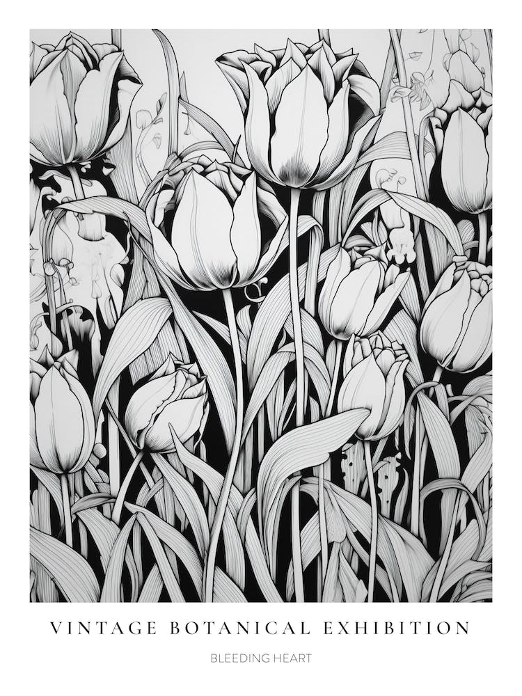 Bleeding Heart B&W Vintage Botanical Poster