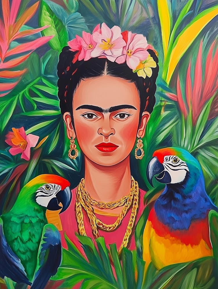 Farbenfrohe Frida Kahlo mit Papageien Malerei, Florale Malerei