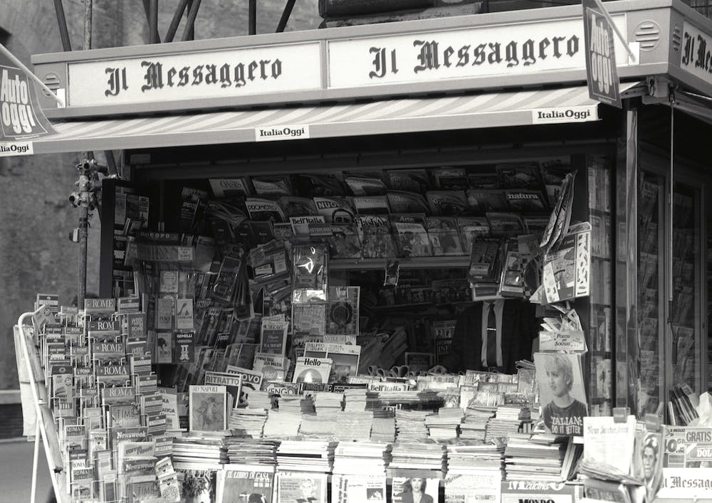 Retro Magazine Stand In Rome Black And White