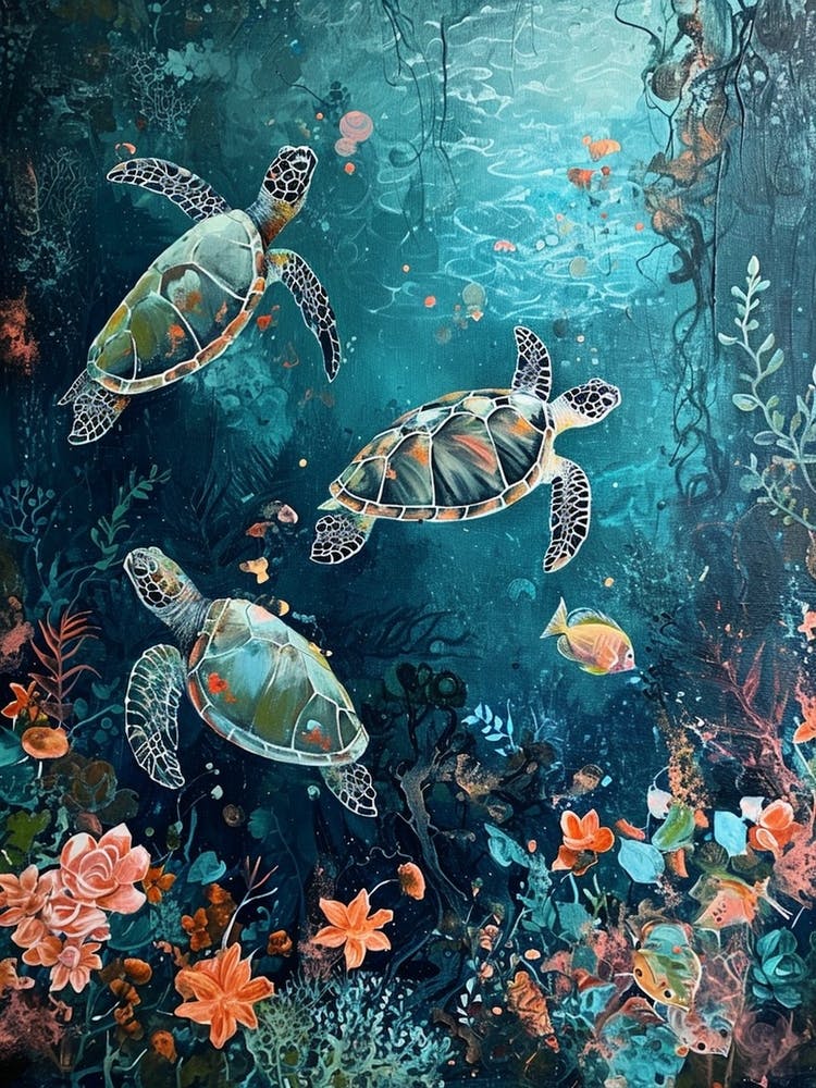 Sea Turtles With A Coral Reef Expressionism Style Painting 5