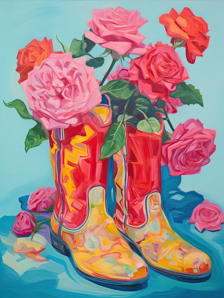 Peinture à l'huile de roses et de bottes de cow-boy, Style huile 3