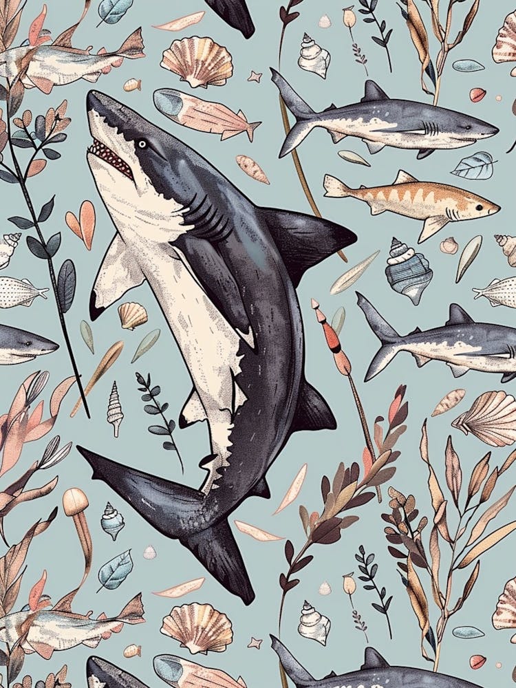Pastel Blue Dogfish Shark Watercolour Seascape Pattern 3