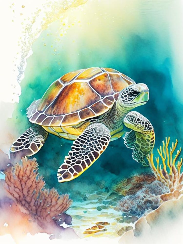 A Single Sea Turtle In Coral Reef, Sea Turtle Cute Neon 1