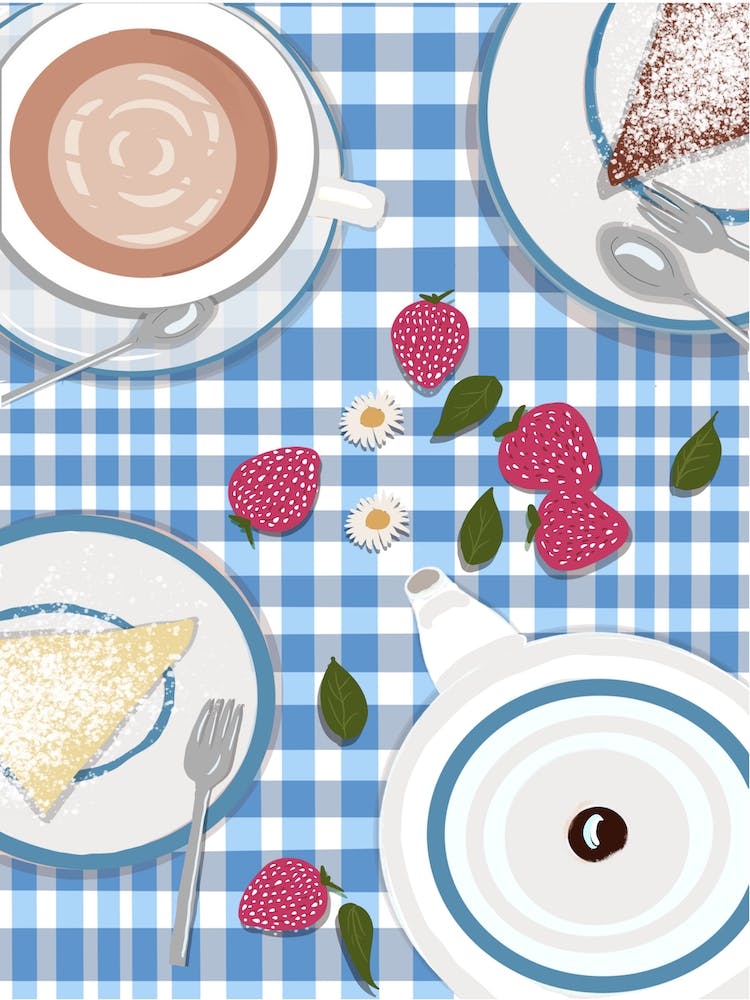 Tea For Two On Blue Tablecloth 