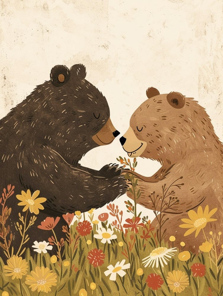 Two Bears Playing Together In A Meadow Storybook Illustration 3
