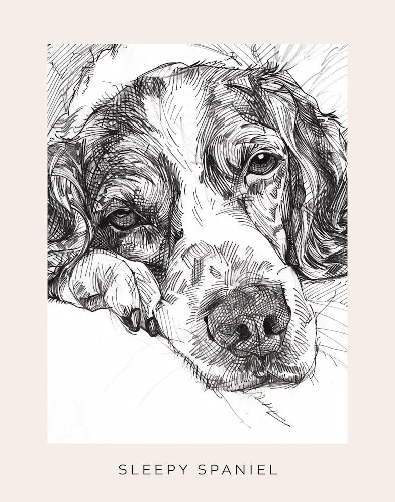 Chien Épagneul Endormi Détaillé Affiche Noir & Blanc