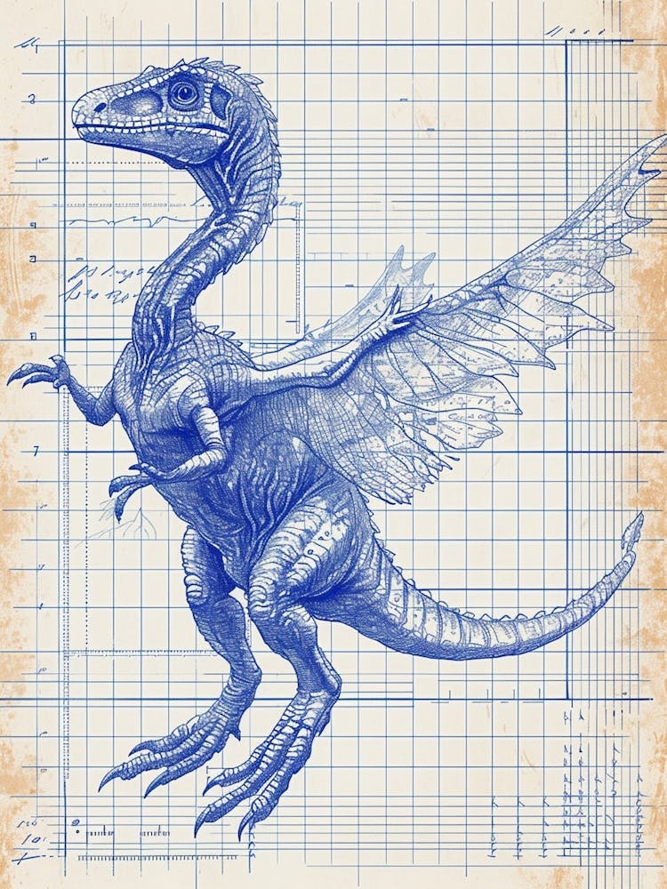 Protarchaeopteryx Dinosaur Blue Print Sketch 2