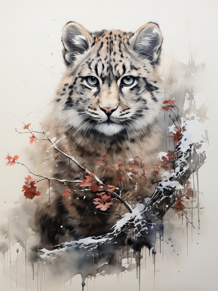 Snow Leopard, Japanese Brush Painting, Ukiyo E, Minimal 1
