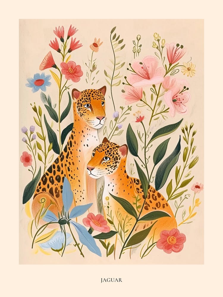 Folksy Floral Animal Drawing Jaguar 6 Poster