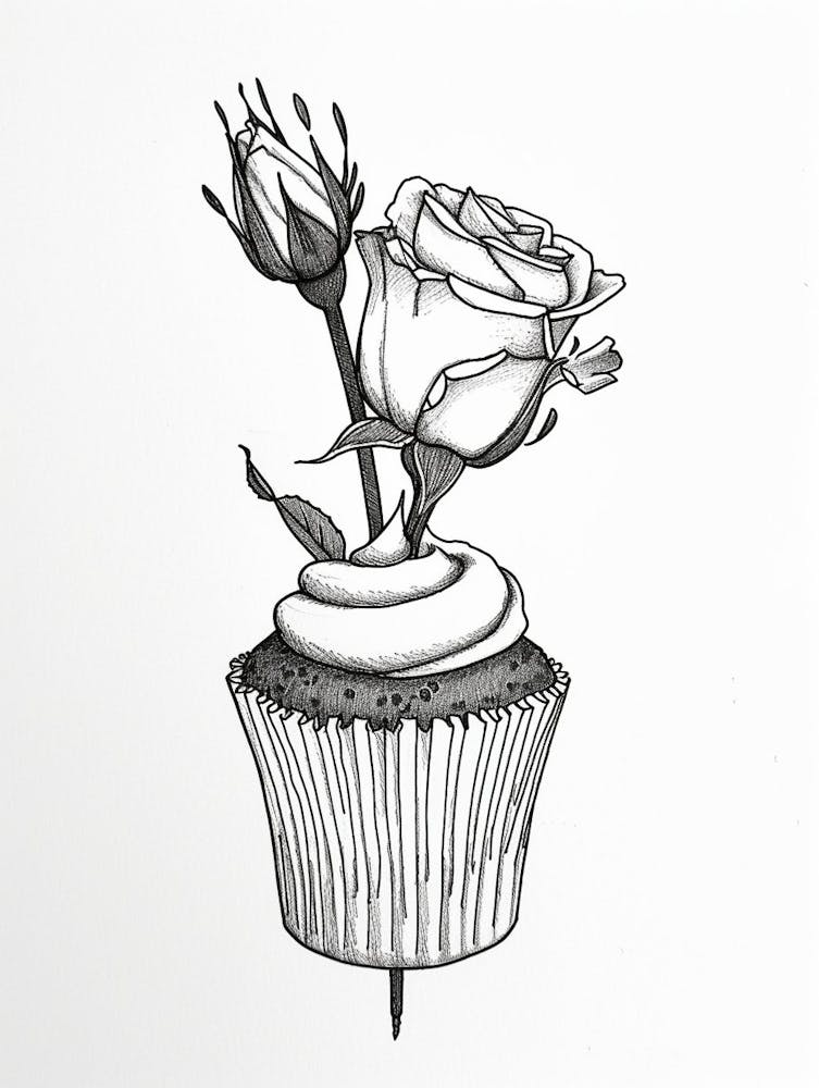 English Rose Cupcake Line Drawing 3
