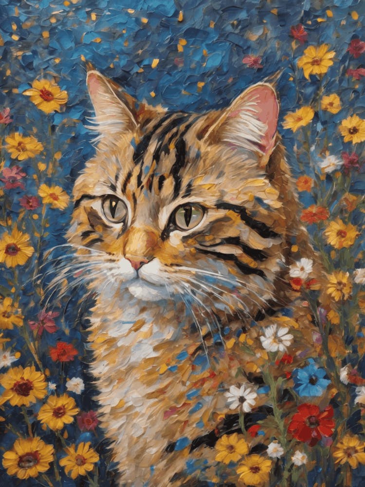 Klimt Style Wild Tabby Cat in Garden Flowers Painting - Gustav Klimt Money Waterlillies Acrylic Feature Gallery Wall HD